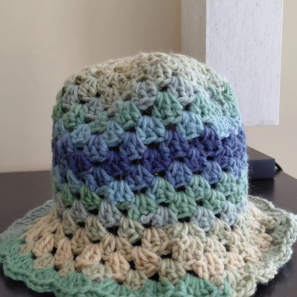 Handmade Crochet Bucket Hat in Blue, Green & Cream - Picture 2 of 4